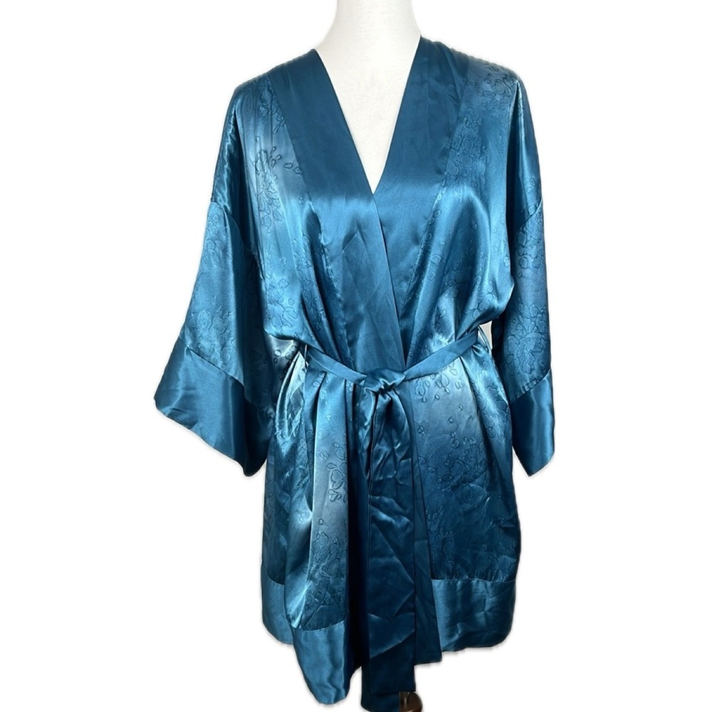 Vintage Victoria’s Secret Satin Short Kimono Robe OS Abstract Floral Gold Label